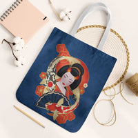 Japanese Geisha Koi Fish Tote Bag Cherry Blossoms Blue Seigaiha Pattern - Polynesian Pride