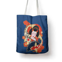 Japanese Geisha Koi Fish Tote Bag Cherry Blossoms Blue Seigaiha Pattern - Polynesian Pride