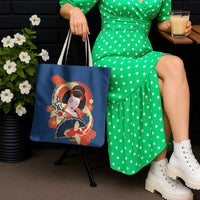 Japanese Geisha Koi Fish Tote Bag Cherry Blossoms Blue Seigaiha Pattern - Polynesian Pride