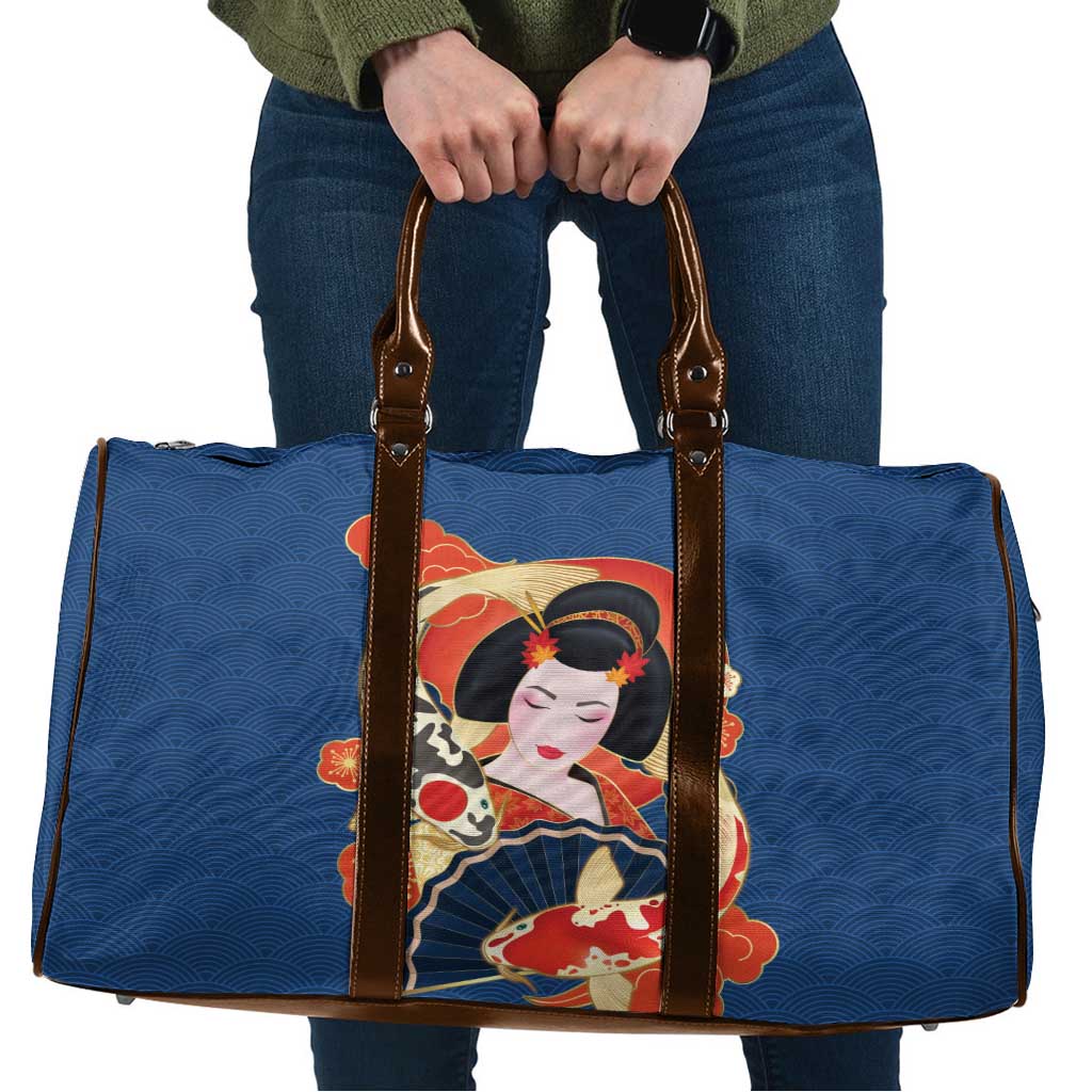 Japanese Geisha Koi Fish Travel Bag Cherry Blossoms Blue Seigaiha Pattern LT14 Blue - Polynesian Pride
