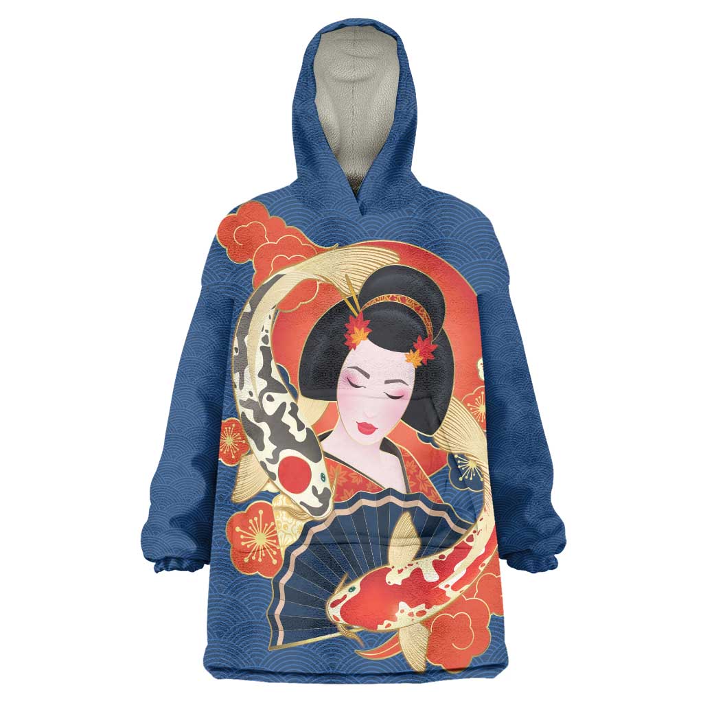 Japanese Geisha Koi Fish Wearable Blanket Hoodie Cherry Blossoms Blue Seigaiha Pattern LT14 One Size Blue - Polynesian Pride