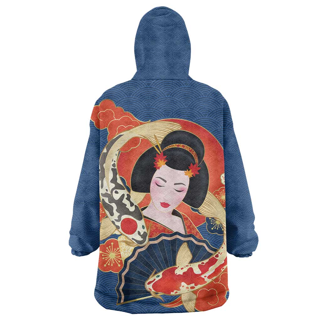 Japanese Geisha Koi Fish Wearable Blanket Hoodie Cherry Blossoms Blue Seigaiha Pattern LT14 - Polynesian Pride