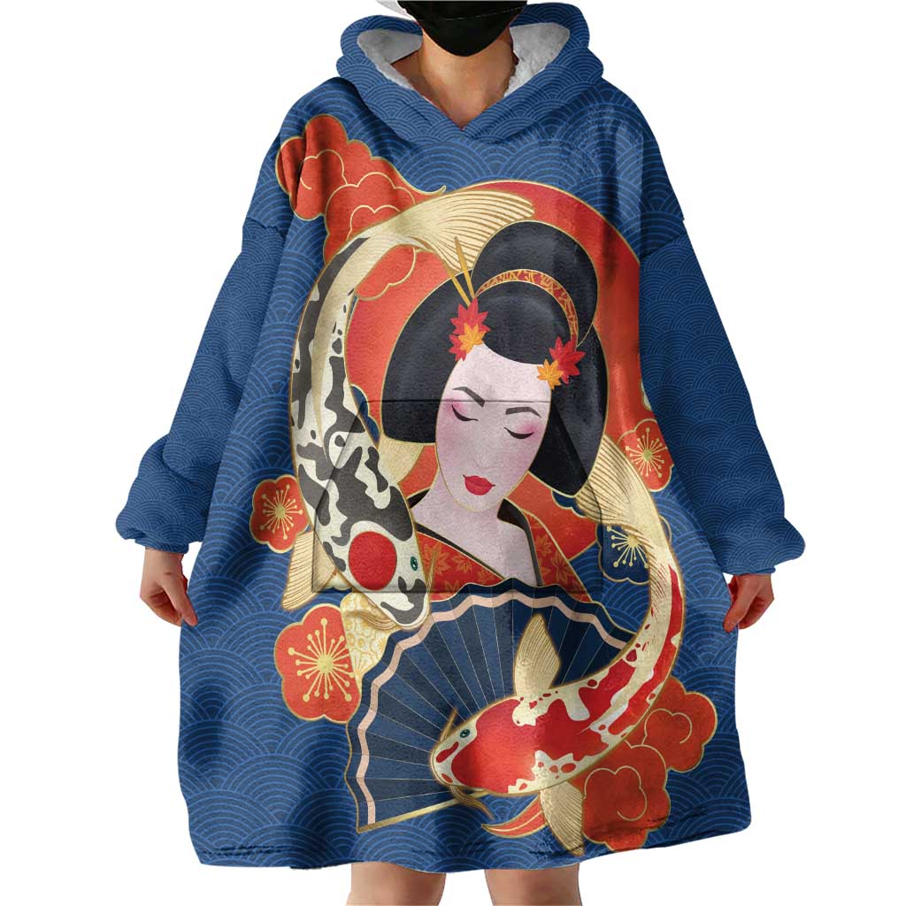 Japanese Geisha Koi Fish Wearable Blanket Hoodie Cherry Blossoms Blue Seigaiha Pattern LT14 - Polynesian Pride