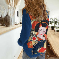Japanese Geisha Koi Fish Women Casual Shirt Cherry Blossoms Blue Seigaiha Pattern LT14 - Polynesian Pride