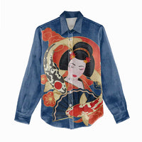 Japanese Geisha Koi Fish Women Casual Shirt Cherry Blossoms Blue Seigaiha Pattern LT14 - Polynesian Pride