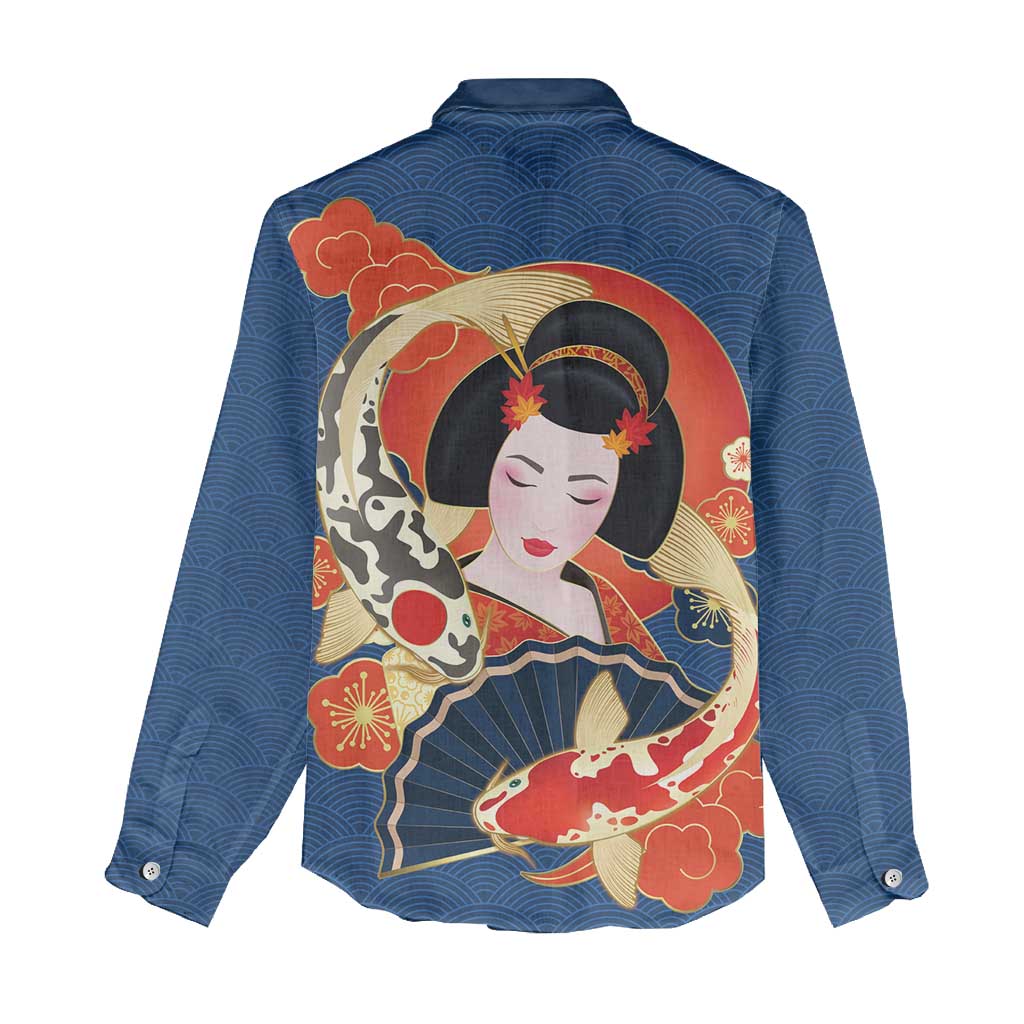 Japanese Geisha Koi Fish Women Casual Shirt Cherry Blossoms Blue Seigaiha Pattern LT14 - Polynesian Pride