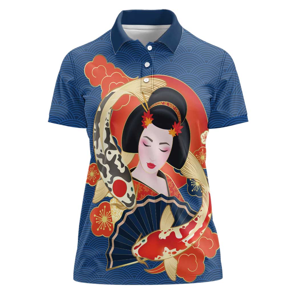 Japanese Geisha Koi Fish Women Polo Shirt Cherry Blossoms Blue Seigaiha Pattern LT14 Female Blue - Polynesian Pride