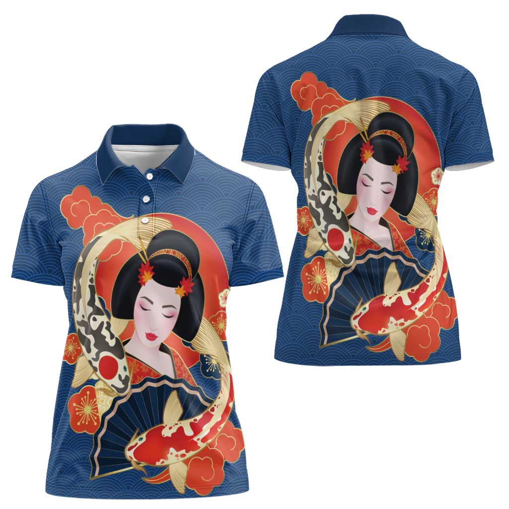 Japanese Geisha Koi Fish Women Polo Shirt Cherry Blossoms Blue Seigaiha Pattern LT14 - Polynesian Pride