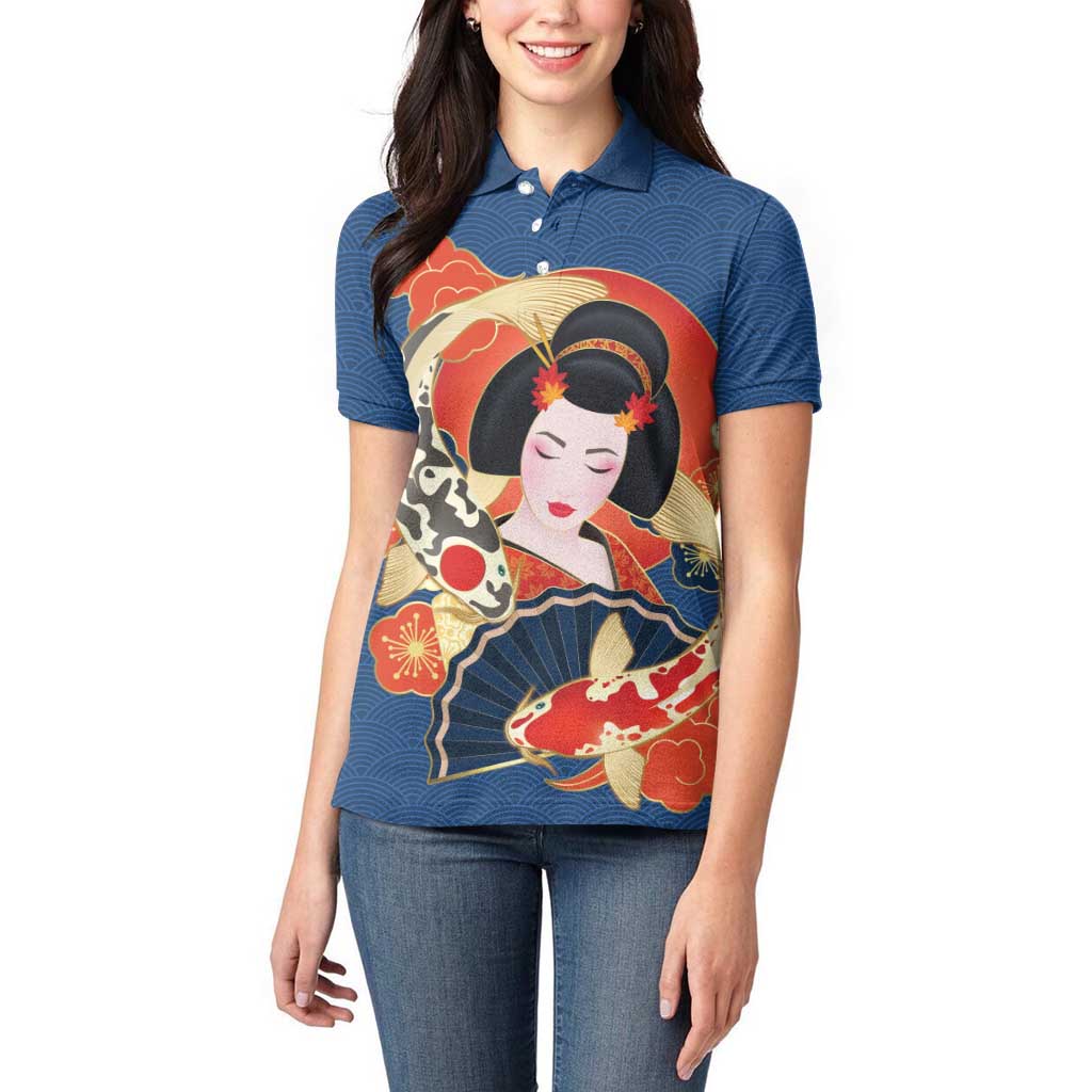 Japanese Geisha Koi Fish Women Polo Shirt Cherry Blossoms Blue Seigaiha Pattern LT14 - Polynesian Pride