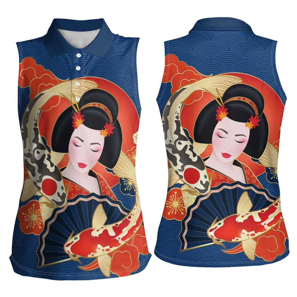 Japanese Geisha Koi Fish Women Sleeveless Polo Shirt Cherry Blossoms Blue Seigaiha Pattern LT14 - Polynesian Pride