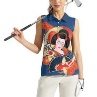 Japanese Geisha Koi Fish Women Sleeveless Polo Shirt Cherry Blossoms Blue Seigaiha Pattern LT14 - Polynesian Pride
