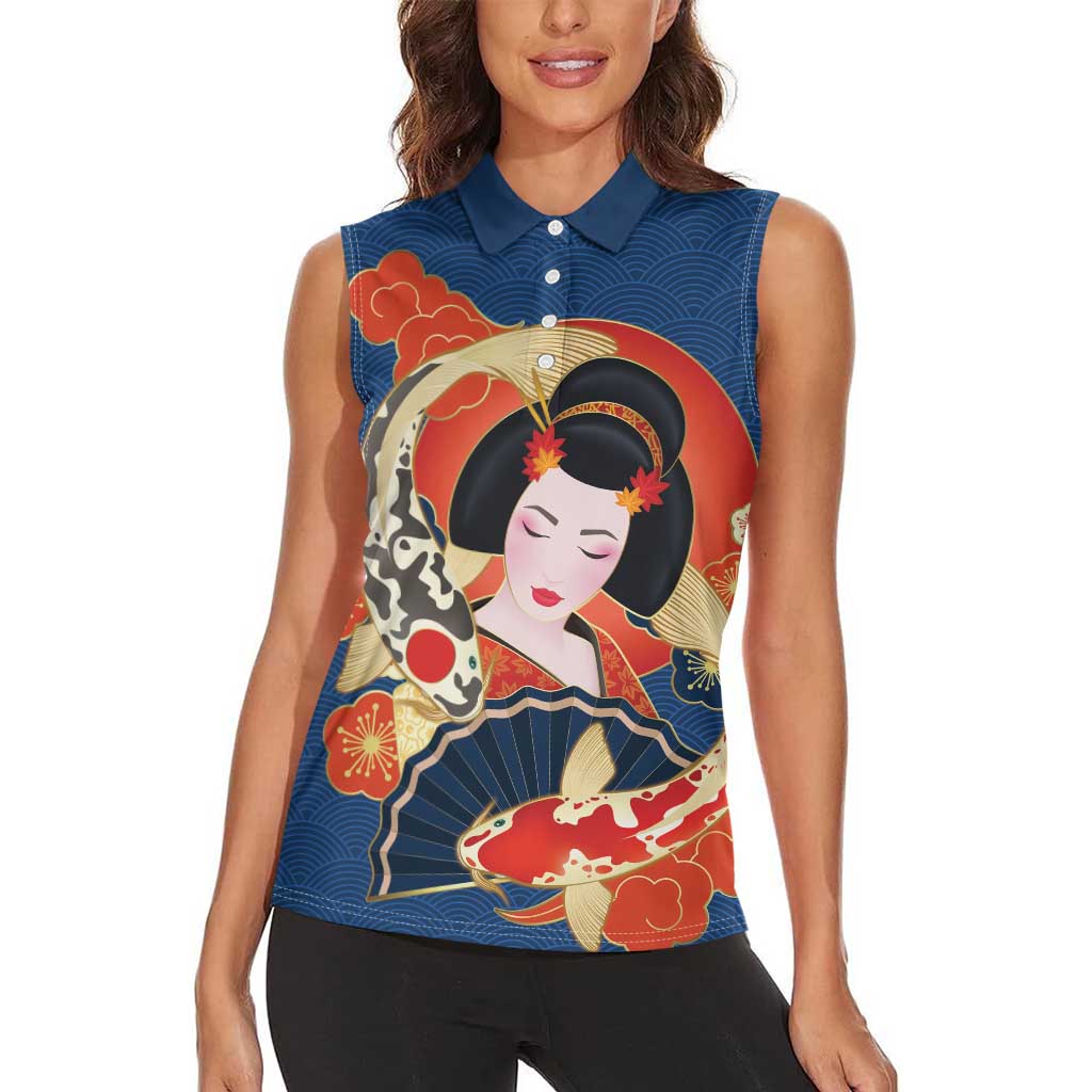 Japanese Geisha Koi Fish Women Sleeveless Polo Shirt Cherry Blossoms Blue Seigaiha Pattern LT14 - Polynesian Pride