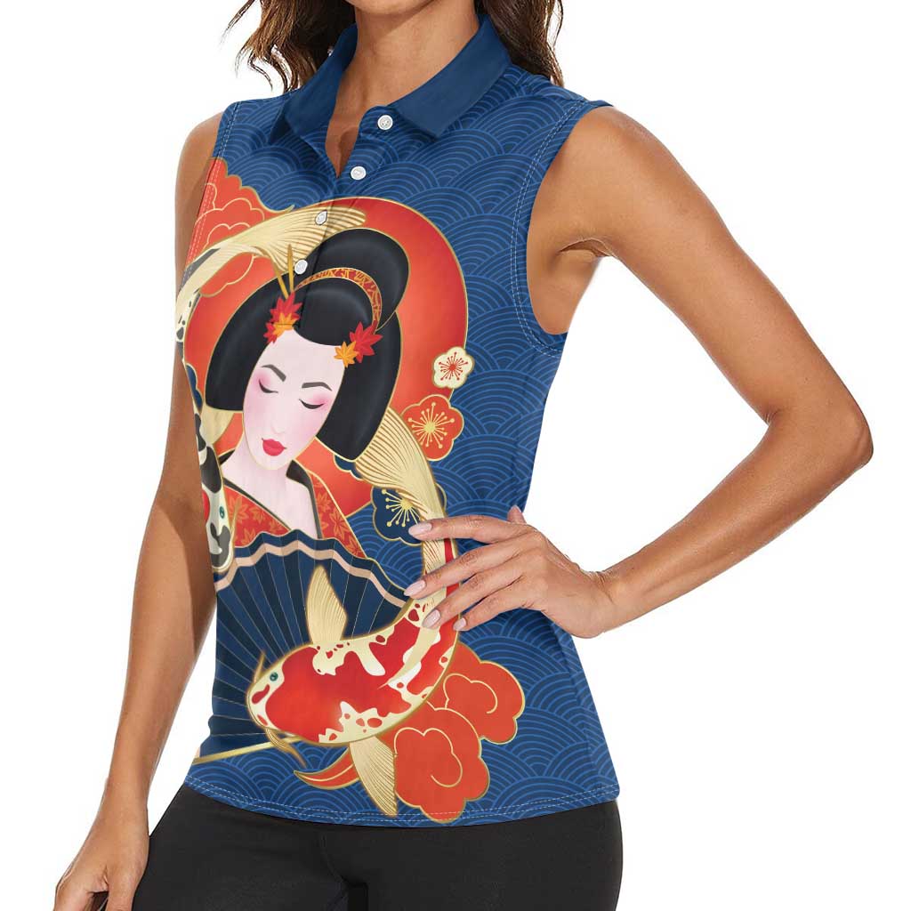 Japanese Geisha Koi Fish Women Sleeveless Polo Shirt Cherry Blossoms Blue Seigaiha Pattern LT14 - Polynesian Pride