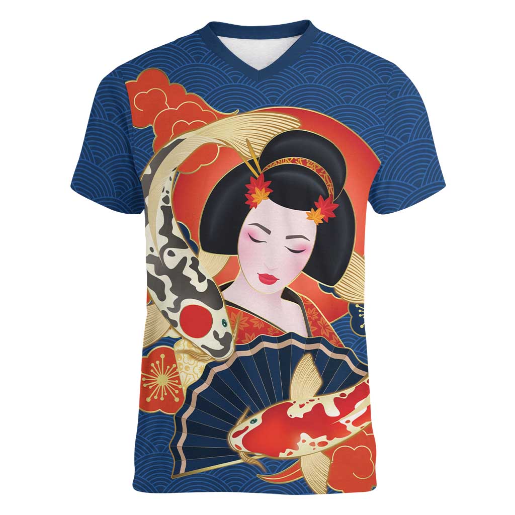 Japanese Geisha Koi Fish Women V-Neck T-Shirt Cherry Blossoms Blue Seigaiha Pattern LT14 Female Blue - Polynesian Pride