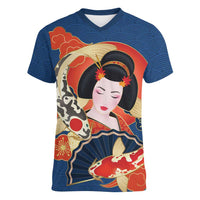 Japanese Geisha Koi Fish Women V-Neck T-Shirt Cherry Blossoms Blue Seigaiha Pattern LT14 Female Blue - Polynesian Pride