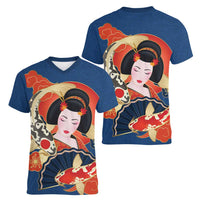 Japanese Geisha Koi Fish Women V-Neck T-Shirt Cherry Blossoms Blue Seigaiha Pattern LT14 - Polynesian Pride