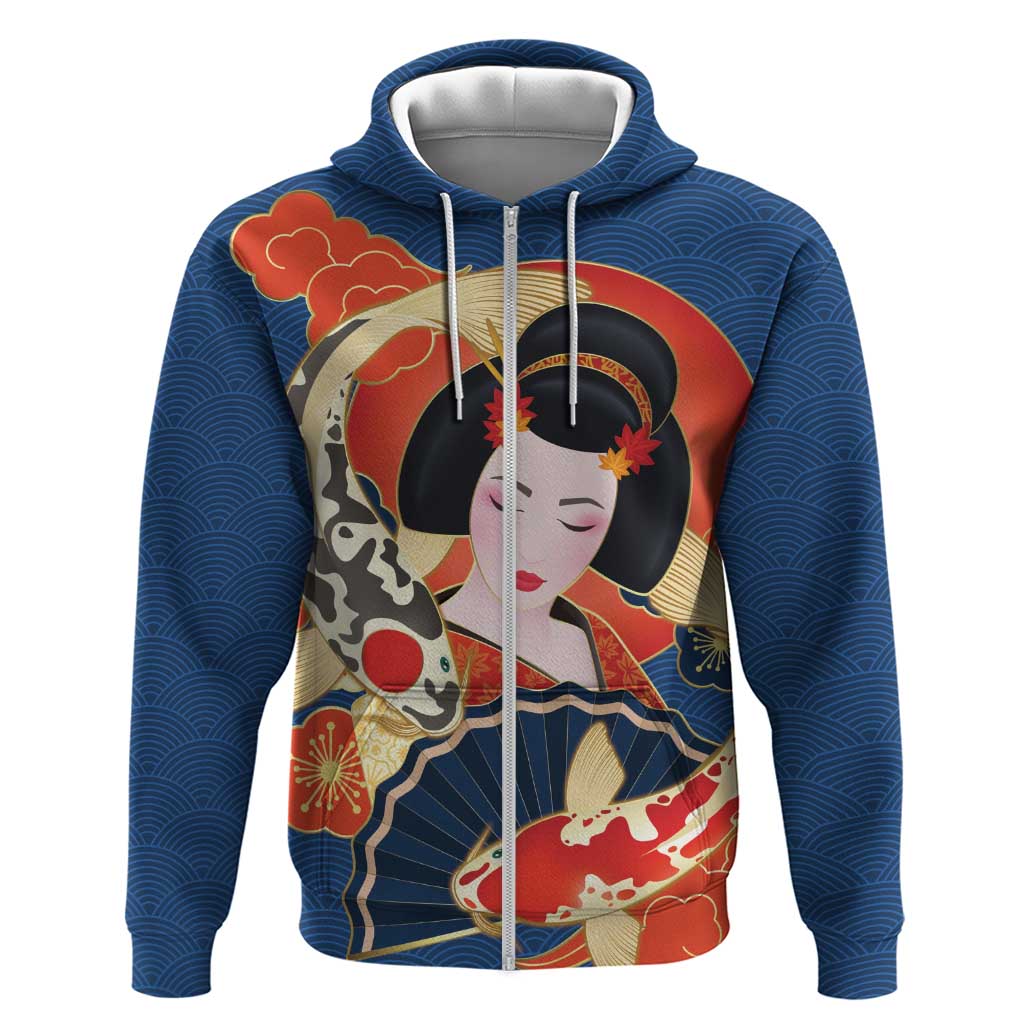 Japanese Geisha Koi Fish Zip Hoodie Cherry Blossoms Blue Seigaiha Pattern LT14 Zip Hoodie Blue - Polynesian Pride
