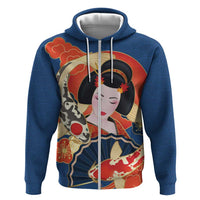 Japanese Geisha Koi Fish Zip Hoodie Cherry Blossoms Blue Seigaiha Pattern LT14 Zip Hoodie Blue - Polynesian Pride