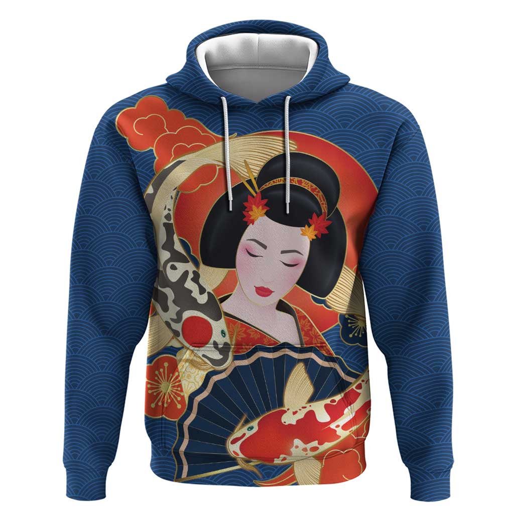 Japanese Geisha Koi Fish Zip Hoodie Cherry Blossoms Blue Seigaiha Pattern LT14 Pullover Hoodie Blue - Polynesian Pride
