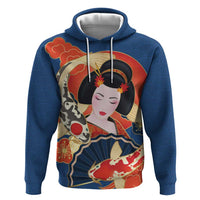 Japanese Geisha Koi Fish Zip Hoodie Cherry Blossoms Blue Seigaiha Pattern LT14 Pullover Hoodie Blue - Polynesian Pride