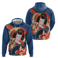 Japanese Geisha Koi Fish Zip Hoodie Cherry Blossoms Blue Seigaiha Pattern LT14 - Polynesian Pride