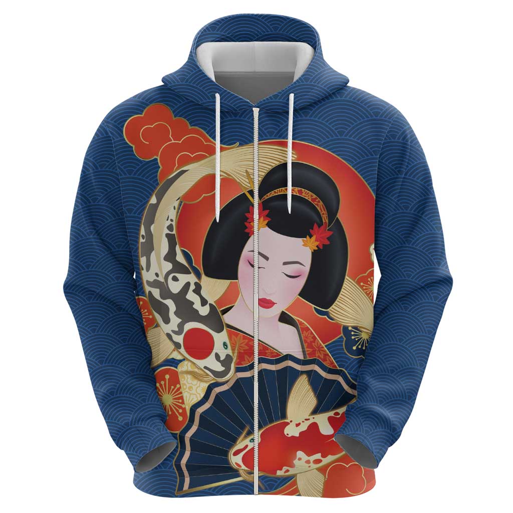 Japanese Geisha Koi Fish Zip Hoodie Cherry Blossoms Blue Seigaiha Pattern LT14 - Polynesian Pride