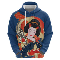 Japanese Geisha Koi Fish Zip Hoodie Cherry Blossoms Blue Seigaiha Pattern LT14 - Polynesian Pride