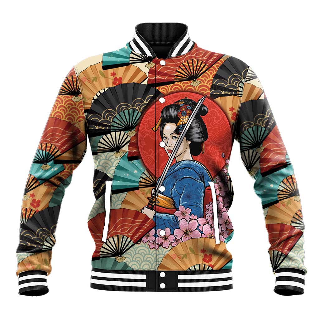 Japanese Geisha Katana Baseball Jacket Japan Sensu Seigaiha Pattern LT14 Unisex Multicolor - Polynesian Pride