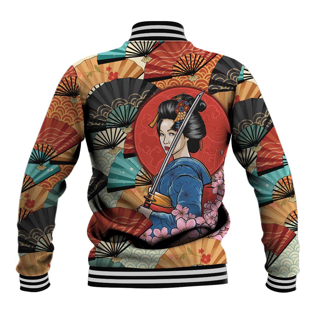 Japanese Geisha Katana Baseball Jacket Japan Sensu Seigaiha Pattern LT14 - Polynesian Pride