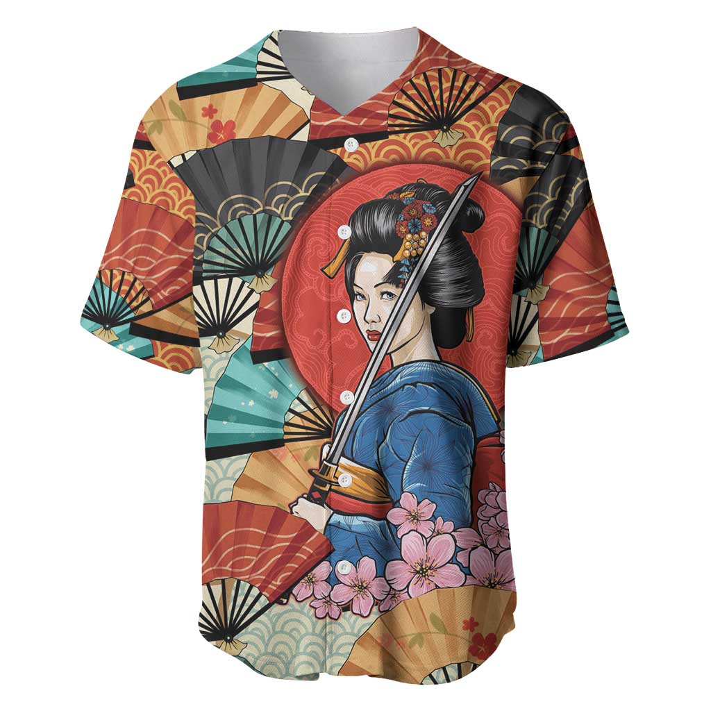 Japanese Geisha Katana Baseball Jersey Japan Sensu Seigaiha Pattern LT14 Multicolor - Polynesian Pride
