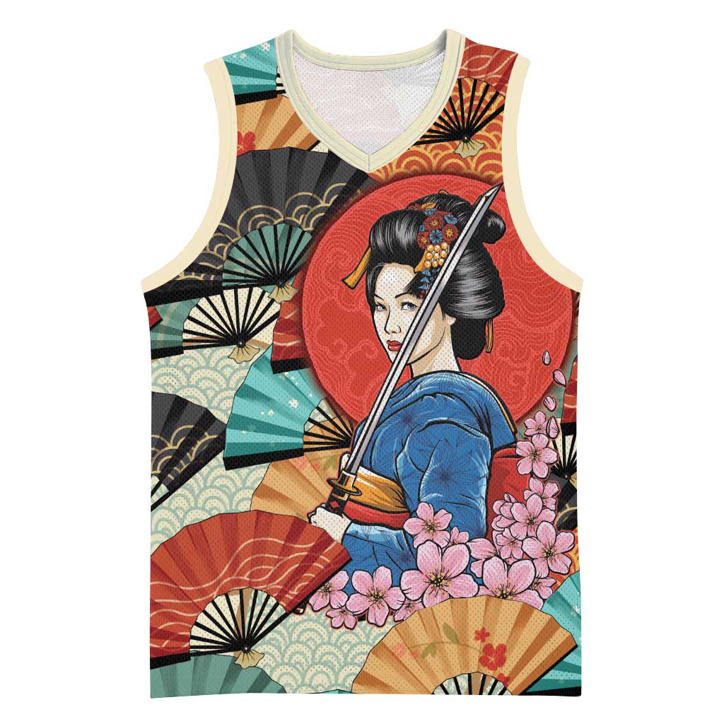 Japanese Geisha Katana Basketball Jersey Japan Sensu Seigaiha Pattern - Polynesian Pride