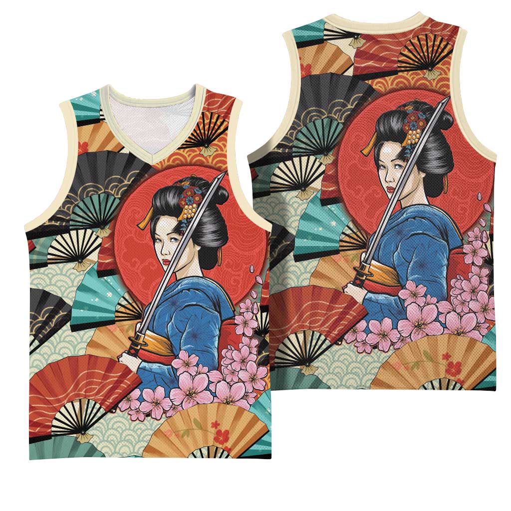 Japanese Geisha Katana Basketball Jersey Japan Sensu Seigaiha Pattern - Polynesian Pride