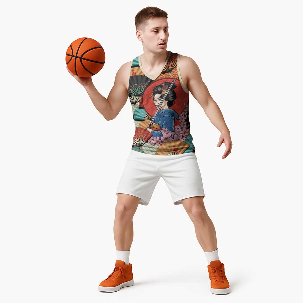 Japanese Geisha Katana Basketball Jersey Japan Sensu Seigaiha Pattern - Polynesian Pride