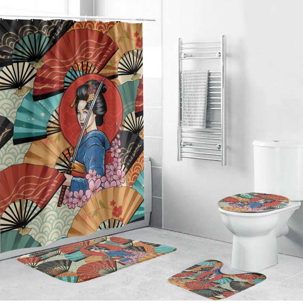 Japanese Geisha Katana Bathroom Set Japan Sensu Seigaiha Pattern - Polynesian Pride