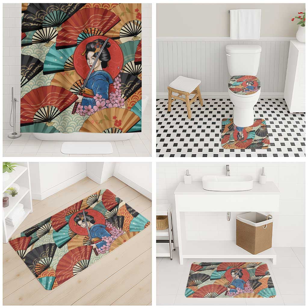 Japanese Geisha Katana Bathroom Set Japan Sensu Seigaiha Pattern - Polynesian Pride