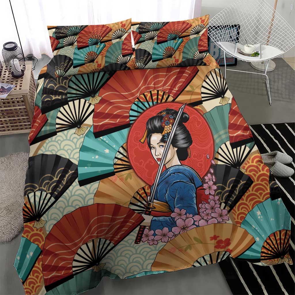 Japanese Geisha Katana Bedding Set Japan Sensu Seigaiha Pattern LT14 - Polynesian Pride
