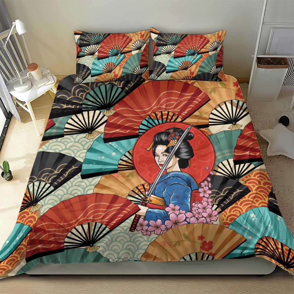 Japanese Geisha Katana Bedding Set Japan Sensu Seigaiha Pattern LT14 - Polynesian Pride