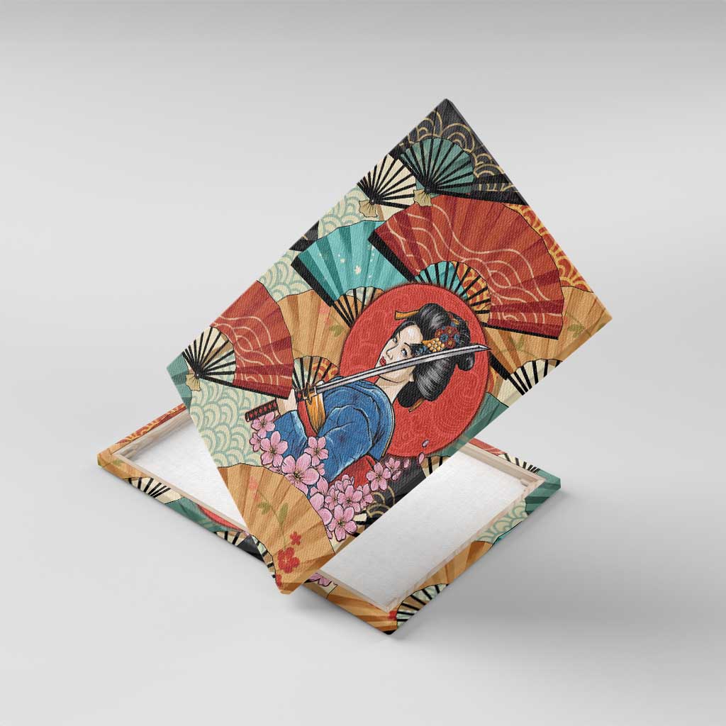 Japanese Geisha Katana Canvas Wall Art Japan Sensu Seigaiha Pattern LT14 With Frame Multicolor - Polynesian Pride
