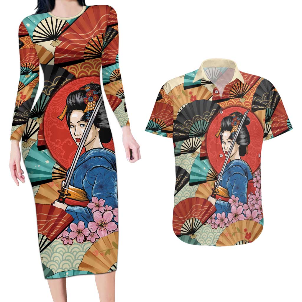 Japanese Geisha Katana Couples Matching Long Sleeve Bodycon Dress and Hawaiian Shirt Japan Sensu Seigaiha Pattern LT14 Multicolor - Polynesian Pride