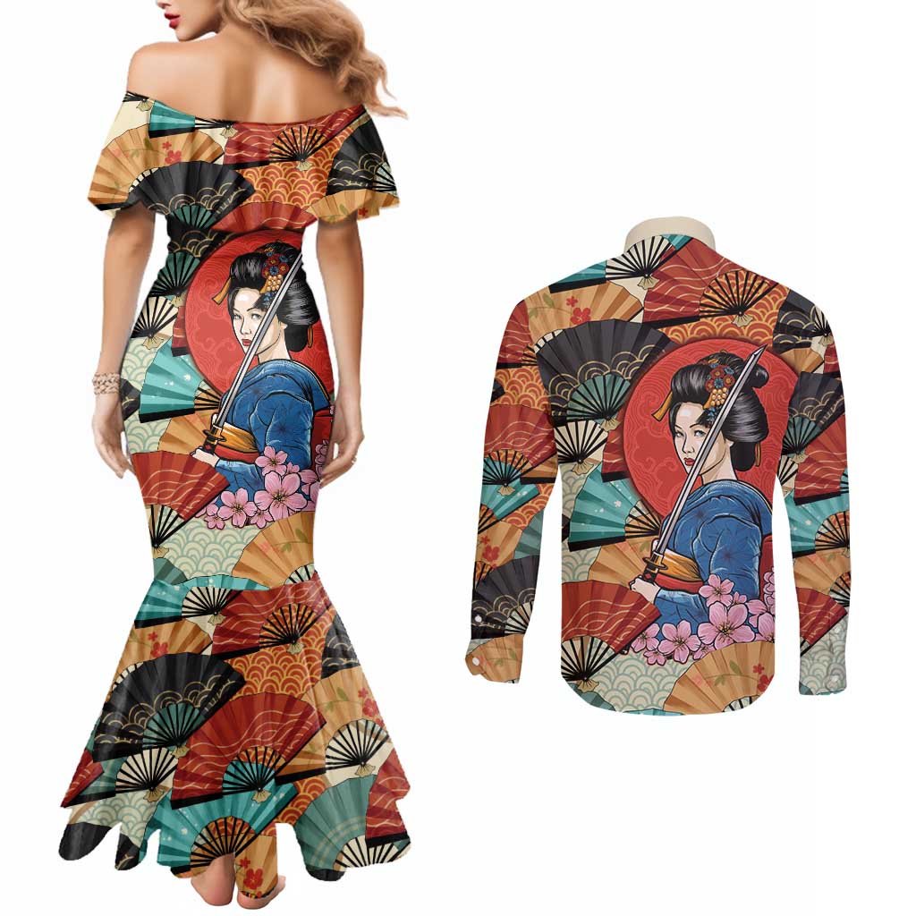 Japanese Geisha Katana Couples Matching Mermaid Dress and Long Sleeve Button Shirt Japan Sensu Seigaiha Pattern - Polynesian Pride