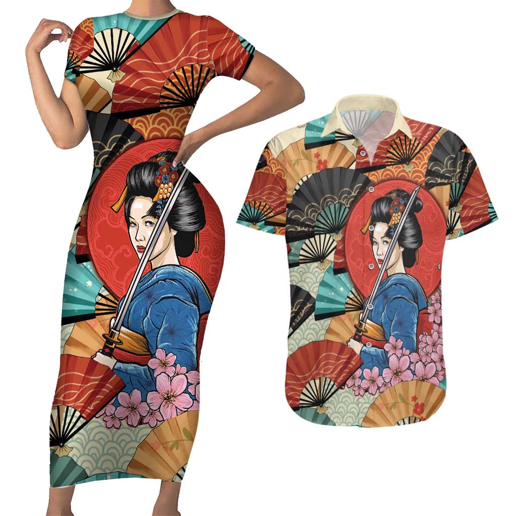 Japanese Geisha Katana Couples Matching Short Sleeve Bodycon Dress and Hawaiian Shirt Japan Sensu Seigaiha Pattern LT14 Multicolor - Polynesian Pride