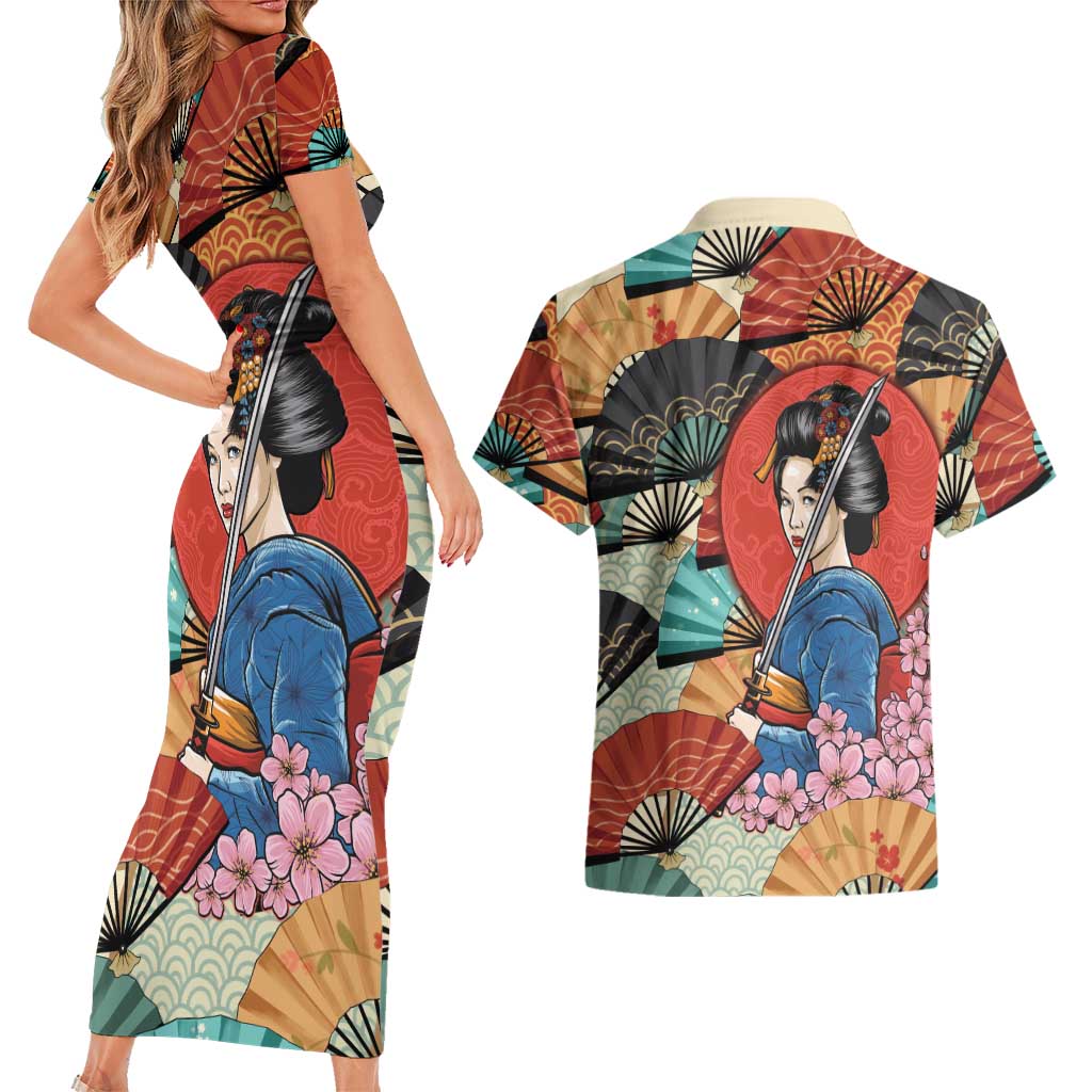 Japanese Geisha Katana Couples Matching Short Sleeve Bodycon Dress and Hawaiian Shirt Japan Sensu Seigaiha Pattern - Polynesian Pride