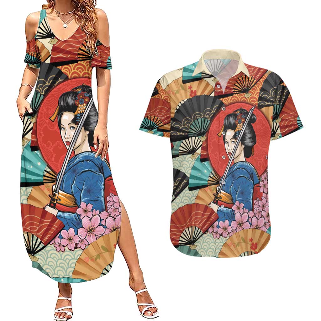 Japanese Geisha Katana Couples Matching Summer Maxi Dress and Hawaiian Shirt Japan Sensu Seigaiha Pattern LT14 Multicolor - Polynesian Pride