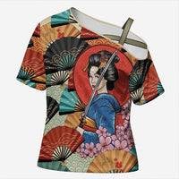 Japanese Geisha Katana Cross Shoulder Shirt Japan Sensu Seigaiha Pattern LT14 Female Multicolor - Polynesian Pride