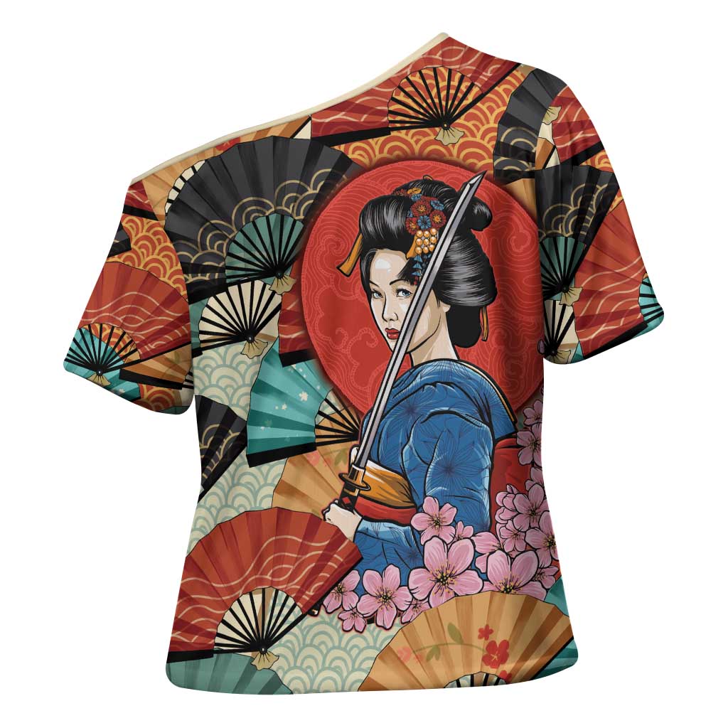 Japanese Geisha Katana Cross Shoulder Shirt Japan Sensu Seigaiha Pattern LT14 - Polynesian Pride