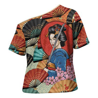 Japanese Geisha Katana Cross Shoulder Shirt Japan Sensu Seigaiha Pattern LT14 - Polynesian Pride