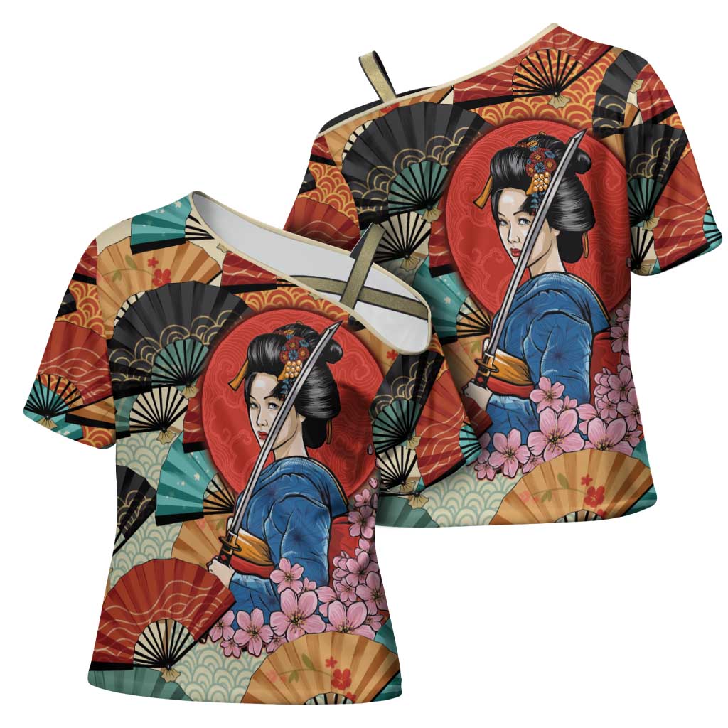 Japanese Geisha Katana Cross Shoulder Shirt Japan Sensu Seigaiha Pattern LT14 - Polynesian Pride