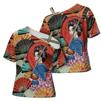 Japanese Geisha Katana Cross Shoulder Shirt Japan Sensu Seigaiha Pattern LT14 - Polynesian Pride