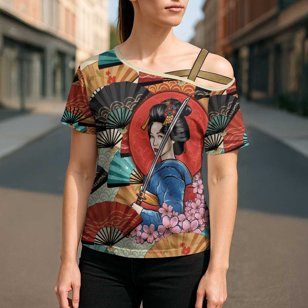 Japanese Geisha Katana Cross Shoulder Shirt Japan Sensu Seigaiha Pattern LT14 - Polynesian Pride