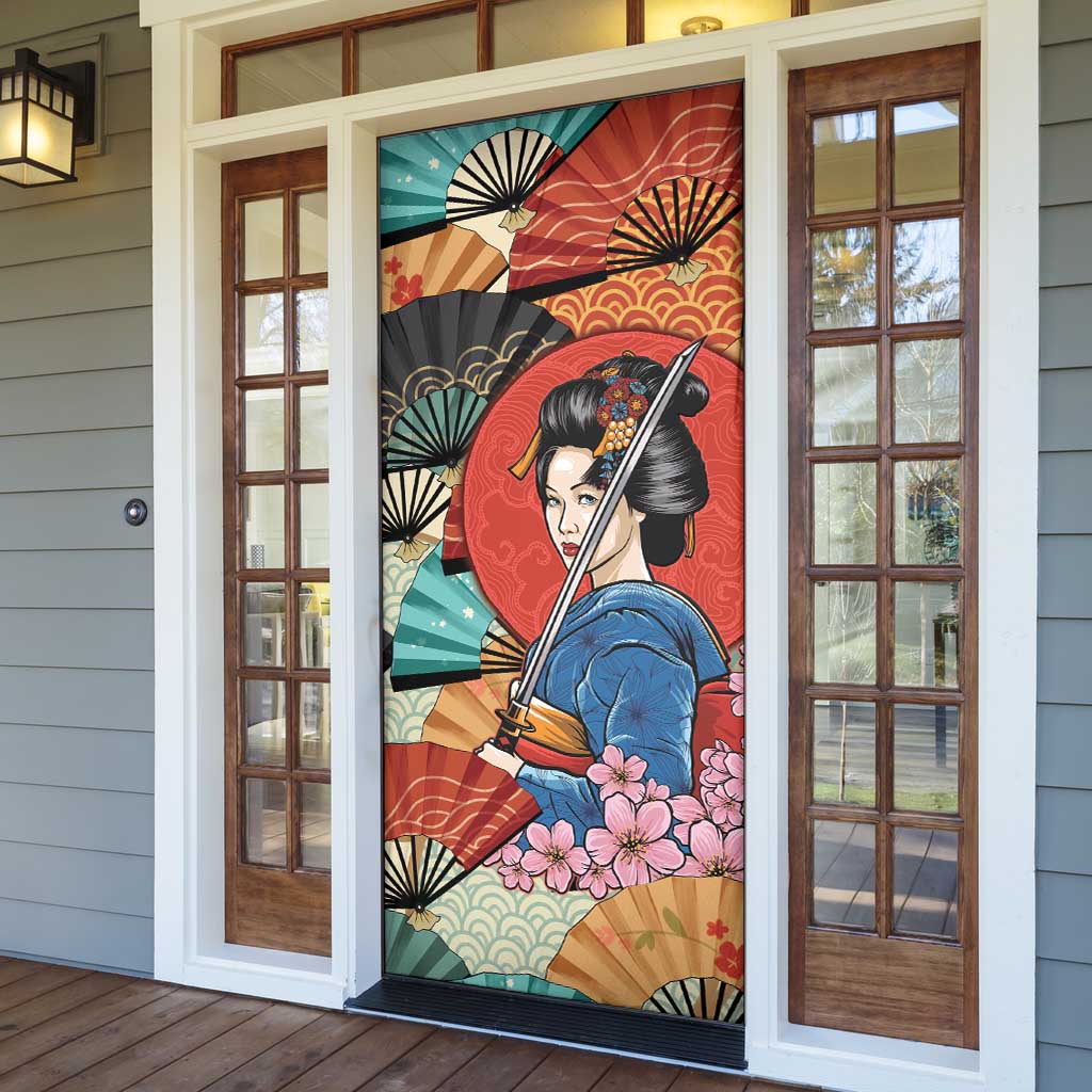 Japanese Geisha Katana Door Cover Japan Sensu Seigaiha Pattern - Polynesian Pride